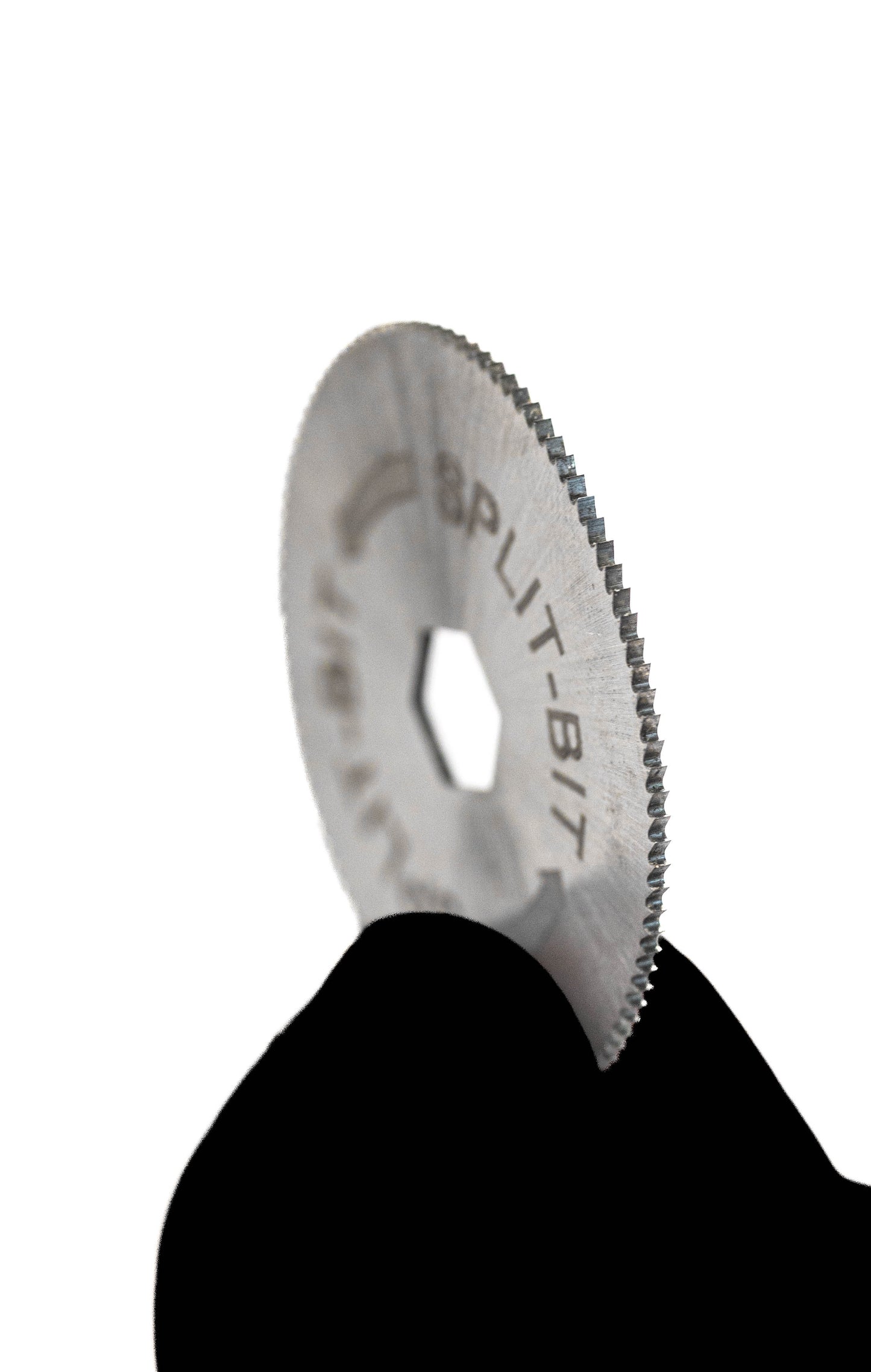 Metal rotary tool bit with 'SplitBit' branding held by a hand against a white background